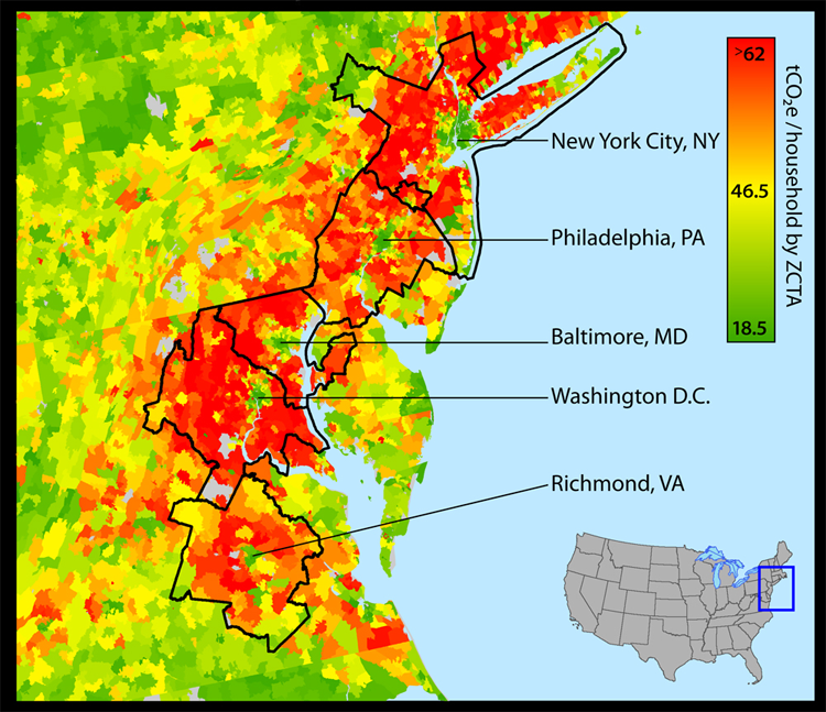 Estimated households carbon footprint by ZIP code across the U.S. eastern seaboard
