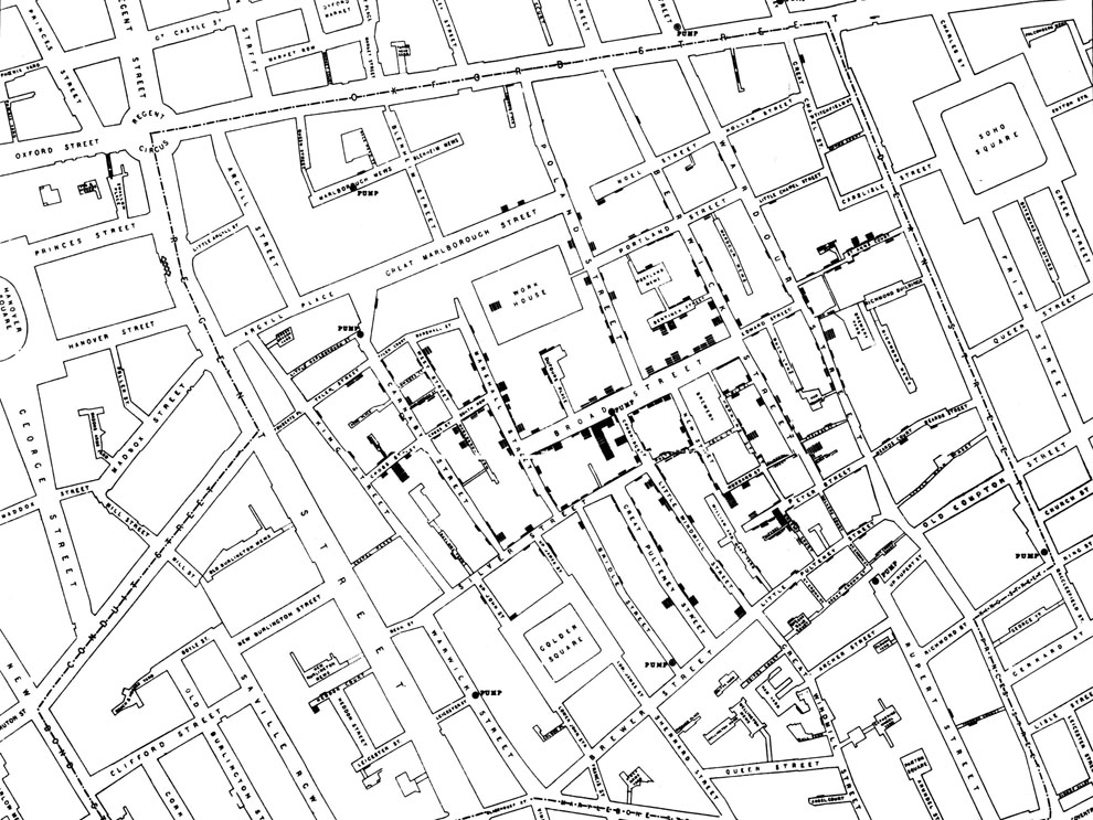John Snow's famous map of cholera deaths clustered in Soho