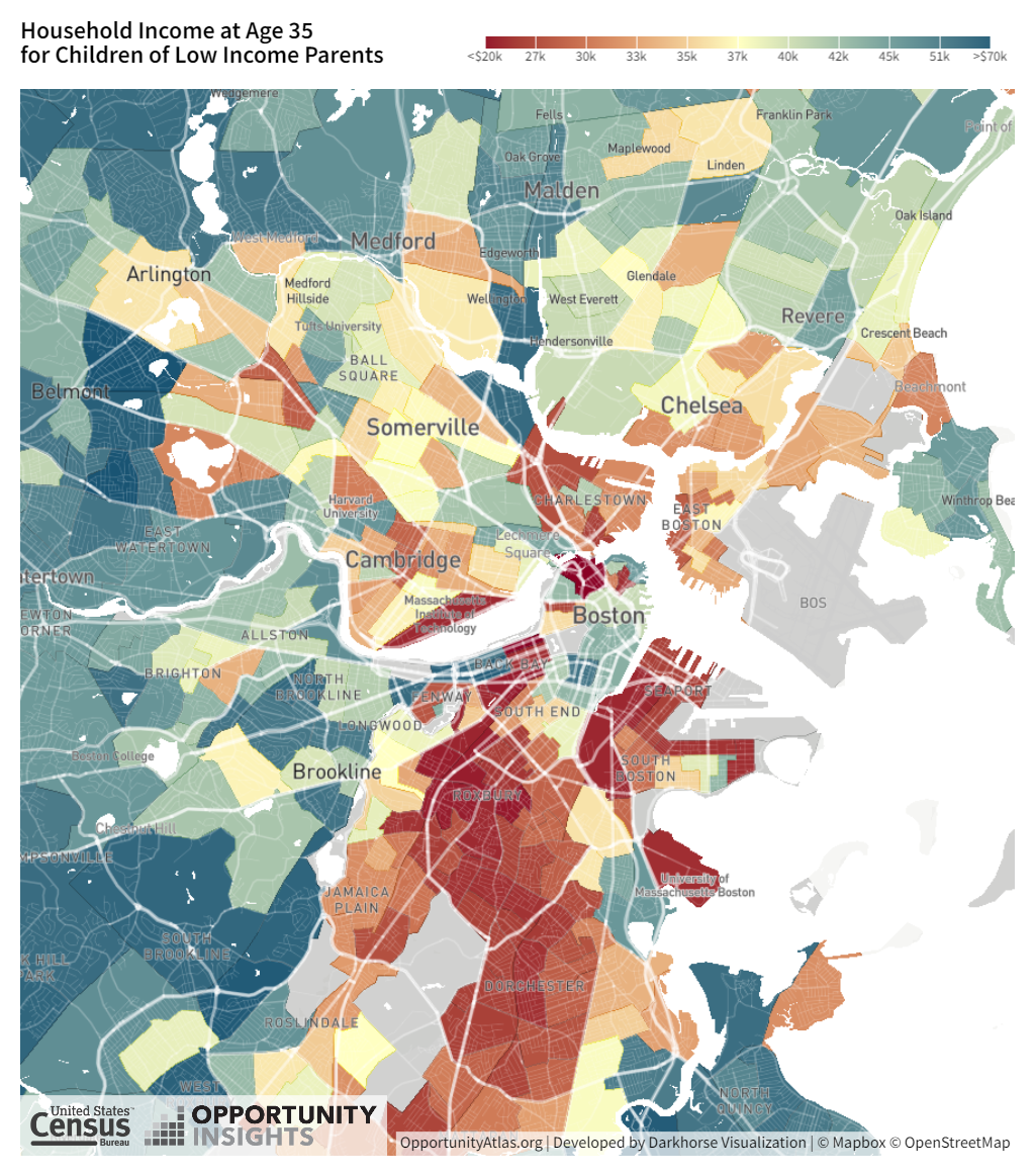 Estimated household income for children who grew up to low-income parents in various neighborhoods of Boston